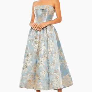 Mac Duggal 👗 Floral Brocade Blue and Gold Midi-Dress
